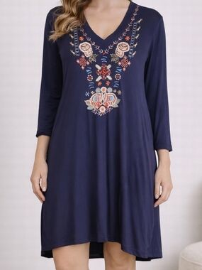 ANTHROPOLOGIE Caite Floral Embroidered Navy Jersey Tunic SIZE SMALL